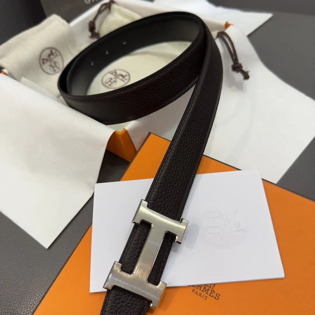 gold Hermes Dark Brown Leather Belt - Hình 2
