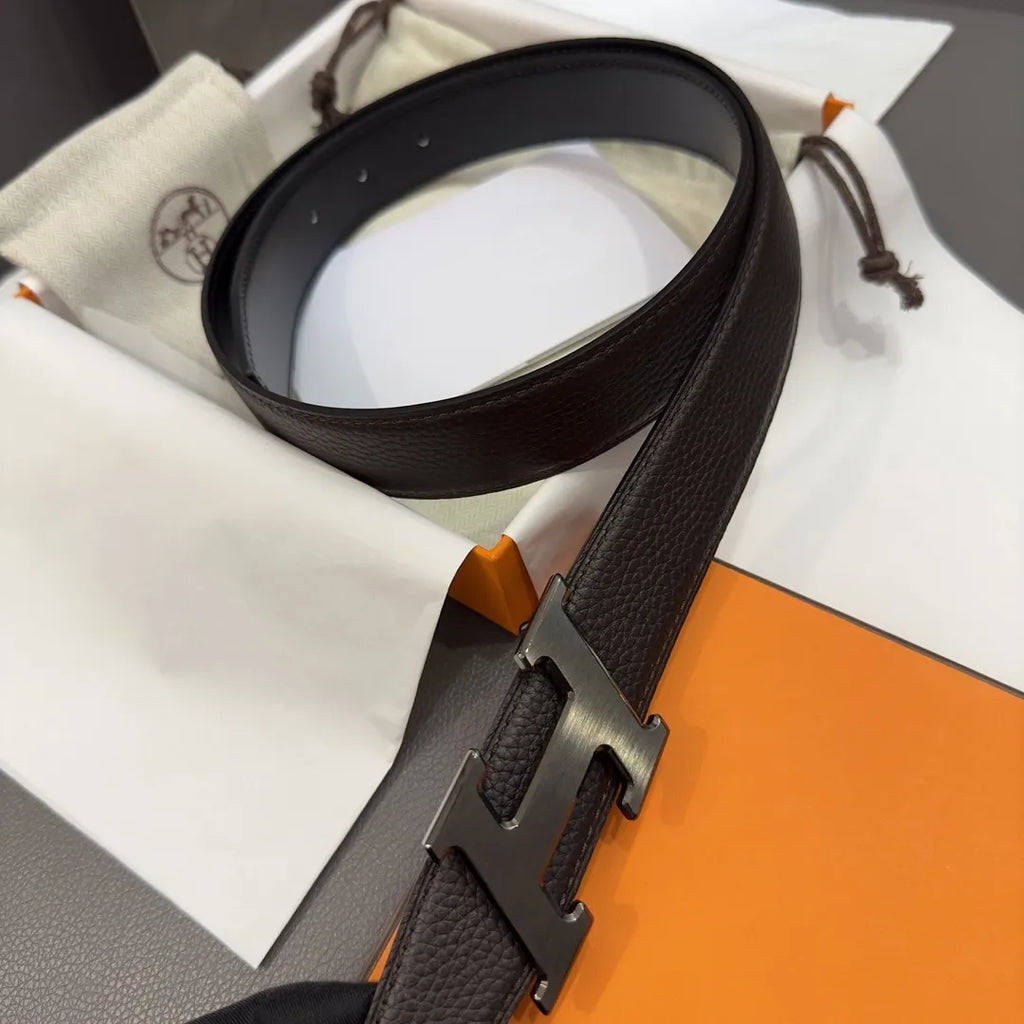 gold Hermes Dark Brown Leather Belt - Hình 3