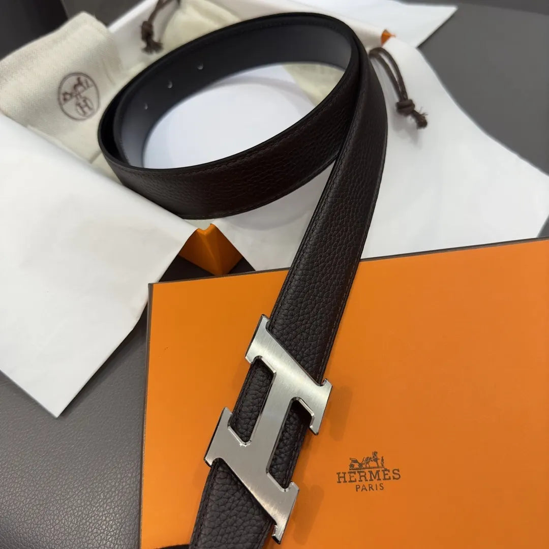 gold Hermes Dark Brown Leather Belt - Hình 4