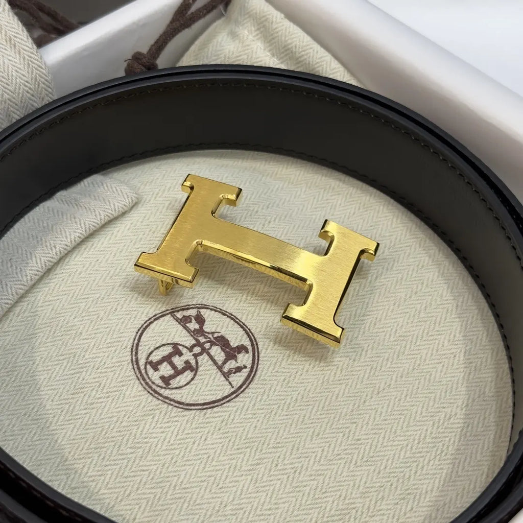gold Hermes Dark Brown Leather Belt - Hình 6