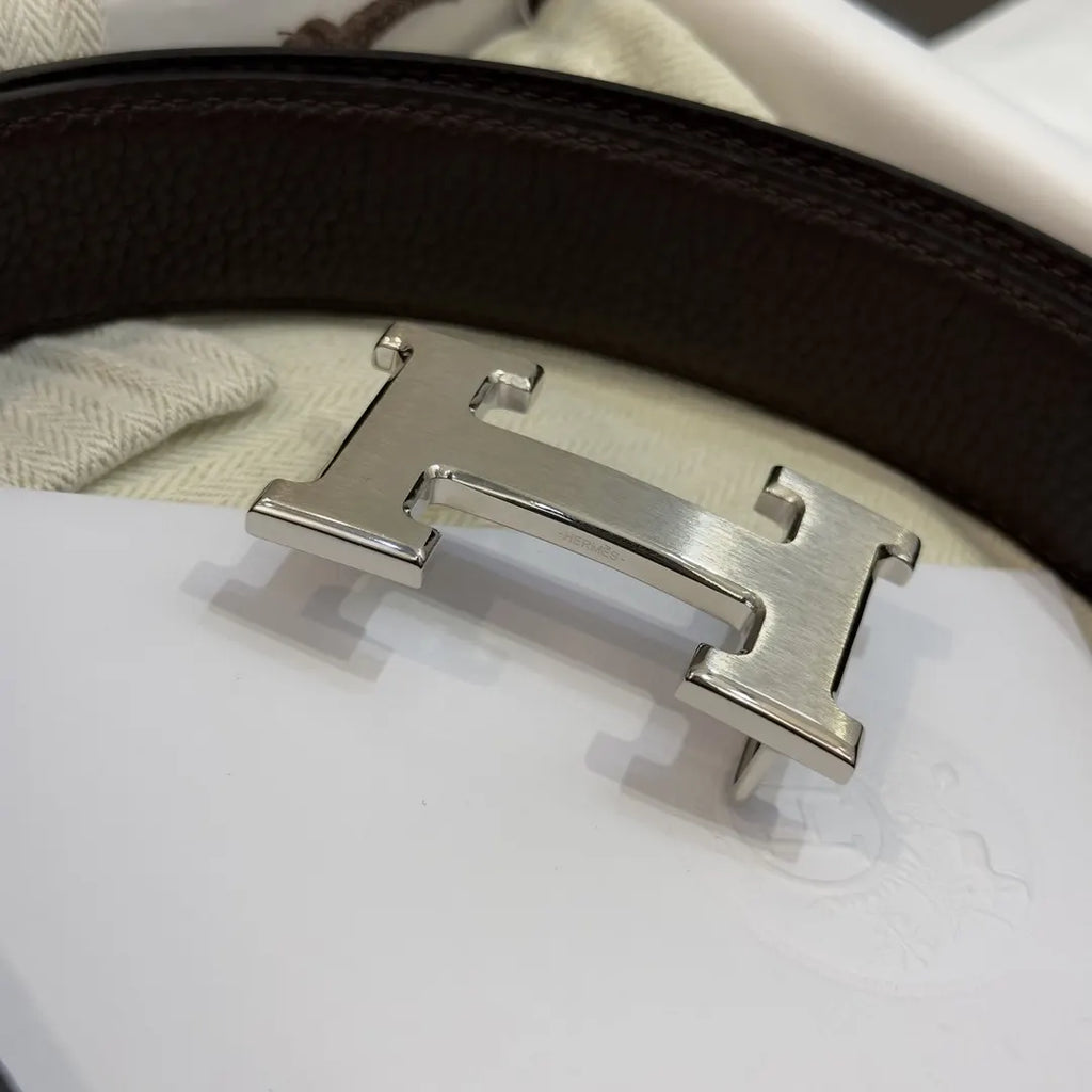gold Hermes Dark Brown Leather Belt - Hình 7