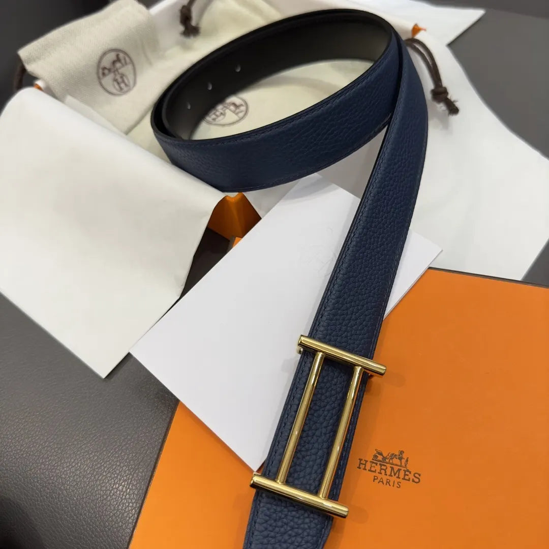 gold Hermes Blue Leather Belt