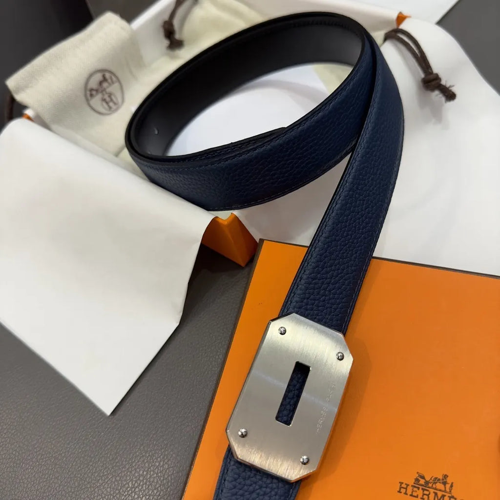 gold Hermes Blue Leather Belt - Hình 2