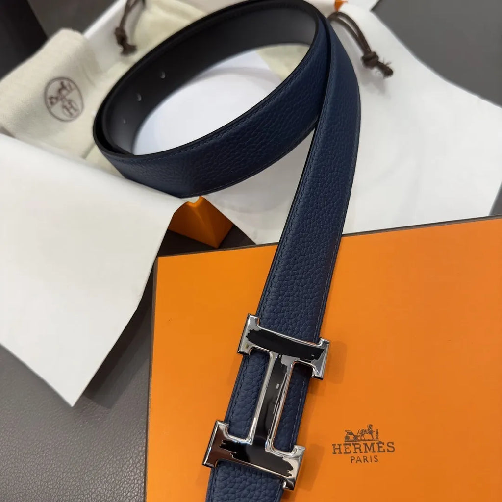 gold Hermes Blue Leather Belt - Hình 3