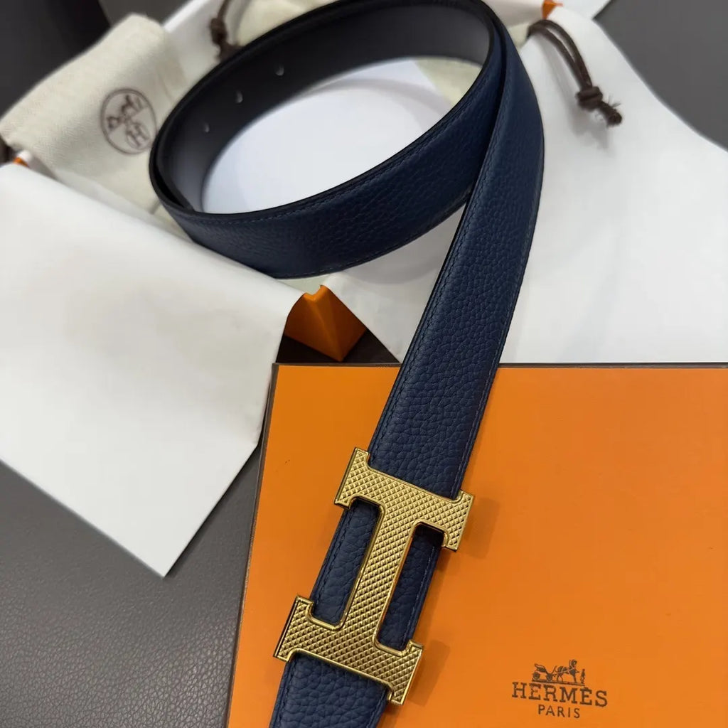 gold Hermes Blue Leather Belt - Hình 4