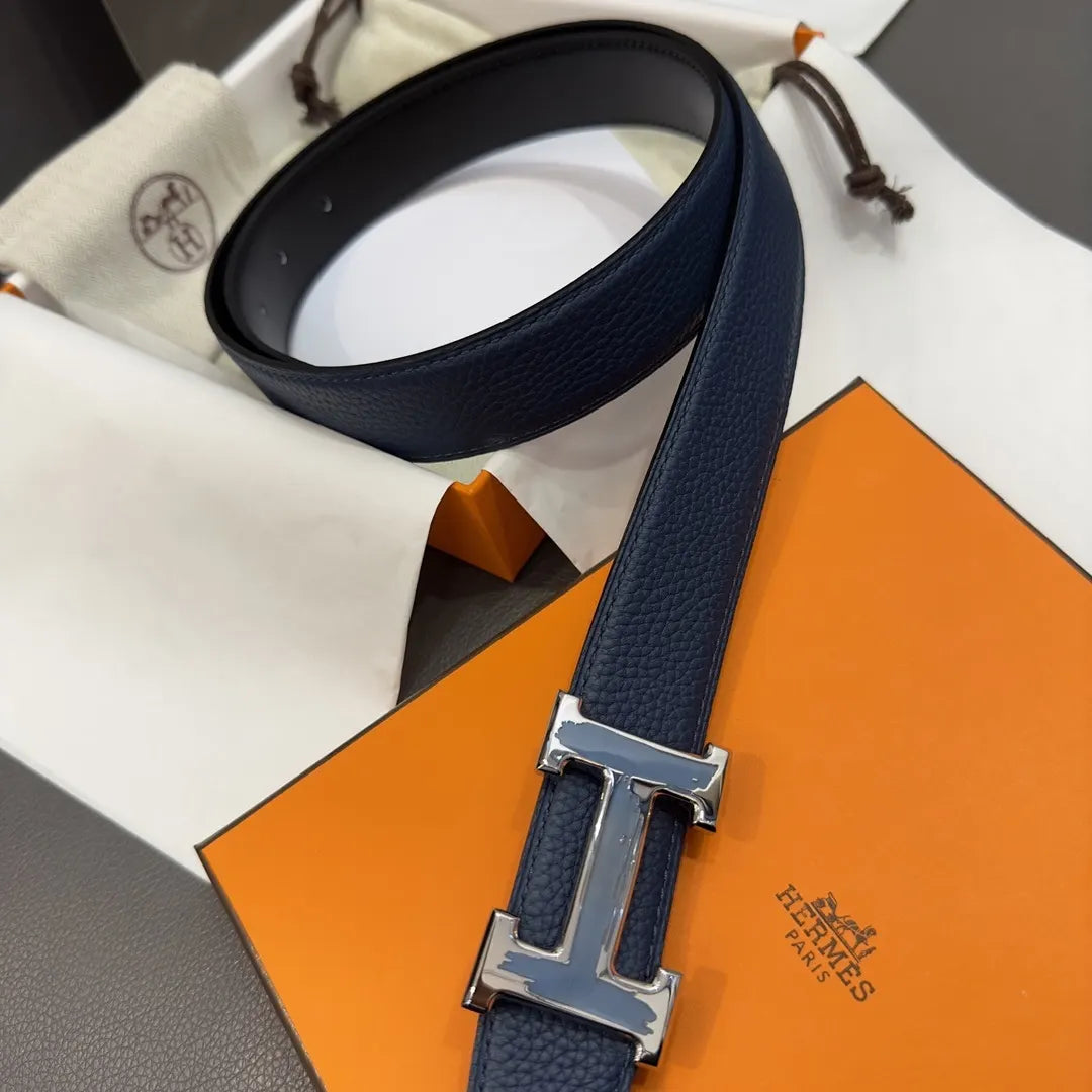 gold Hermes Blue Leather Belt - Hình 5