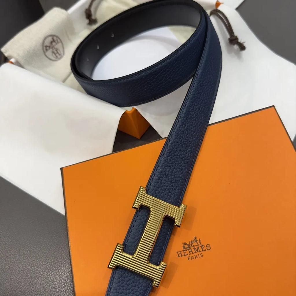 gold Hermes Blue Leather Belt - Hình 6