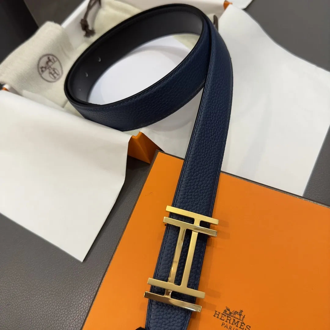 gold Hermes Blue Leather Belt - Hình 7