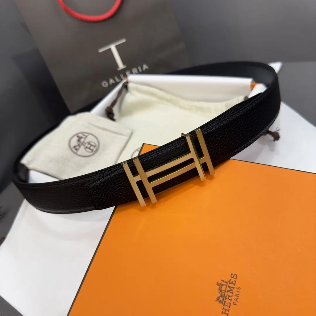 Hermes Black Grain Leather Gold 'H' Belt