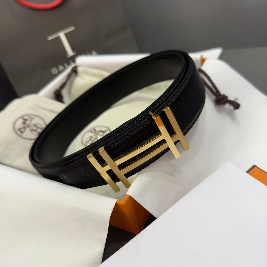 Hermes Black Grain Leather Gold 'H' Belt - Hình 2