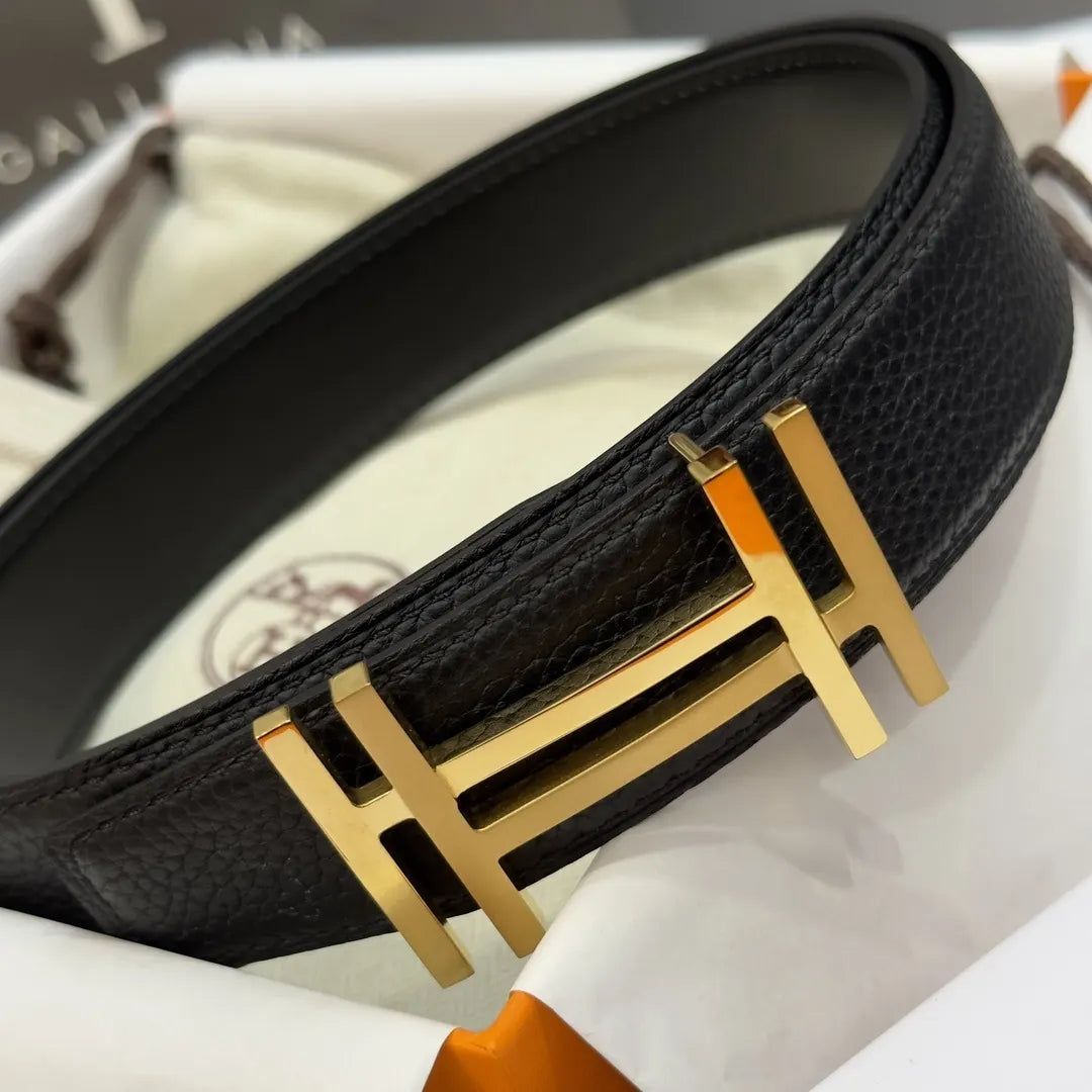 Hermes Black Grain Leather Gold 'H' Belt - Hình 3