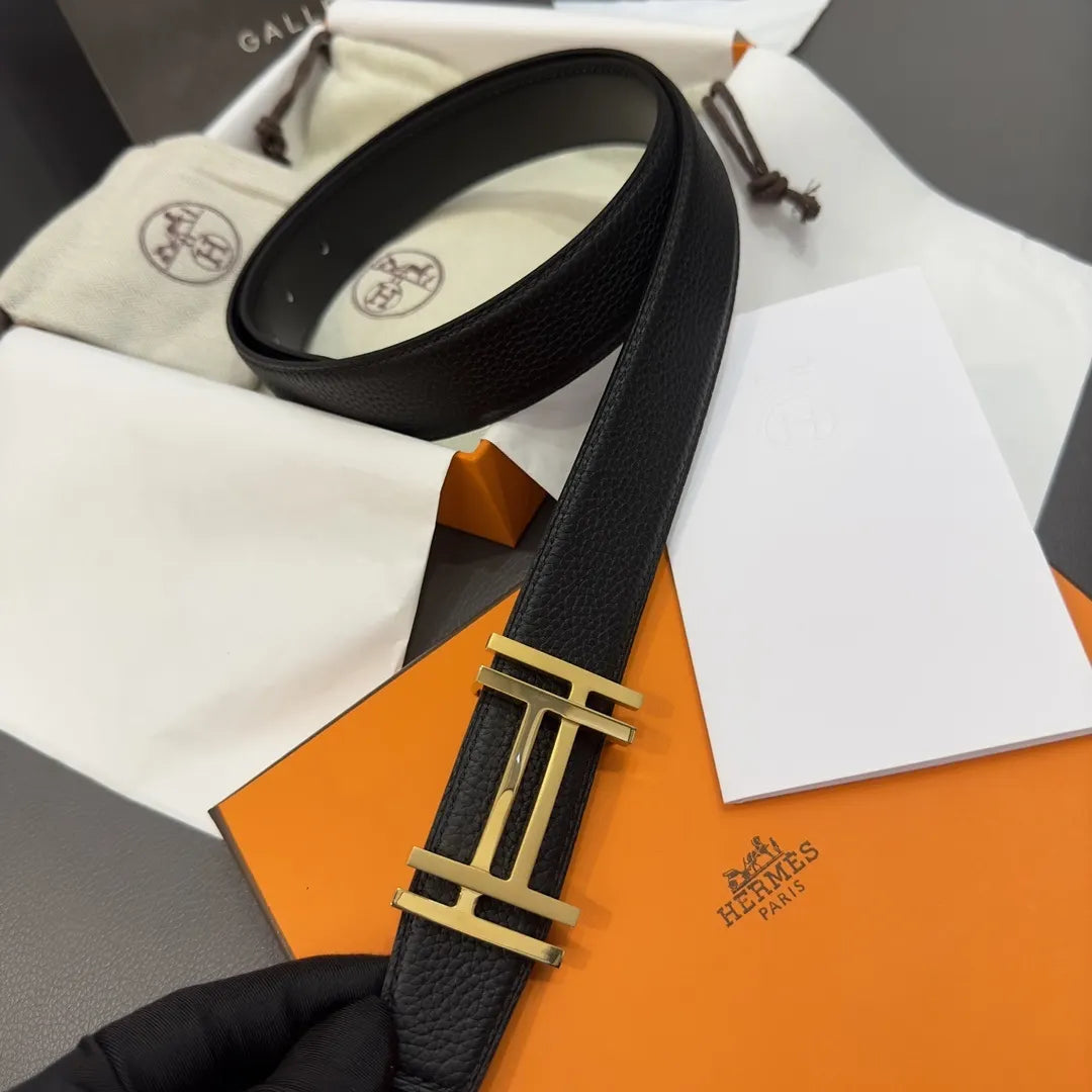 Hermes Black Grain Leather Gold 'H' Belt - Hình 4