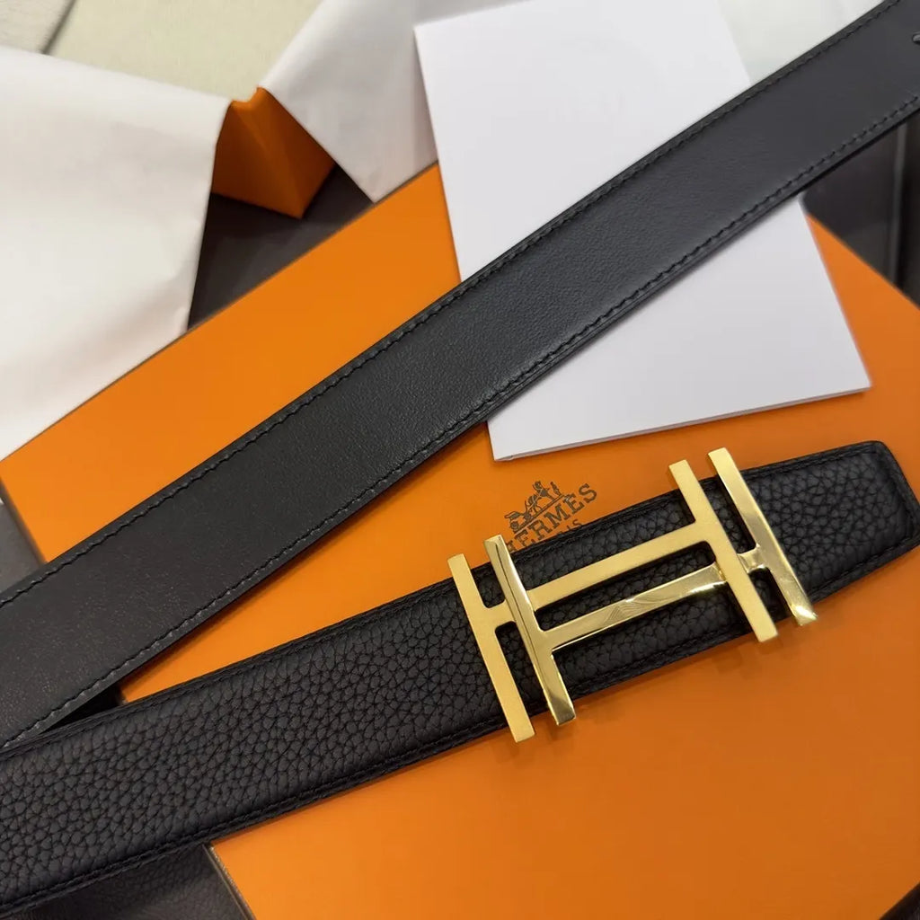 Hermes Black Grain Leather Gold 'H' Belt - Hình 5