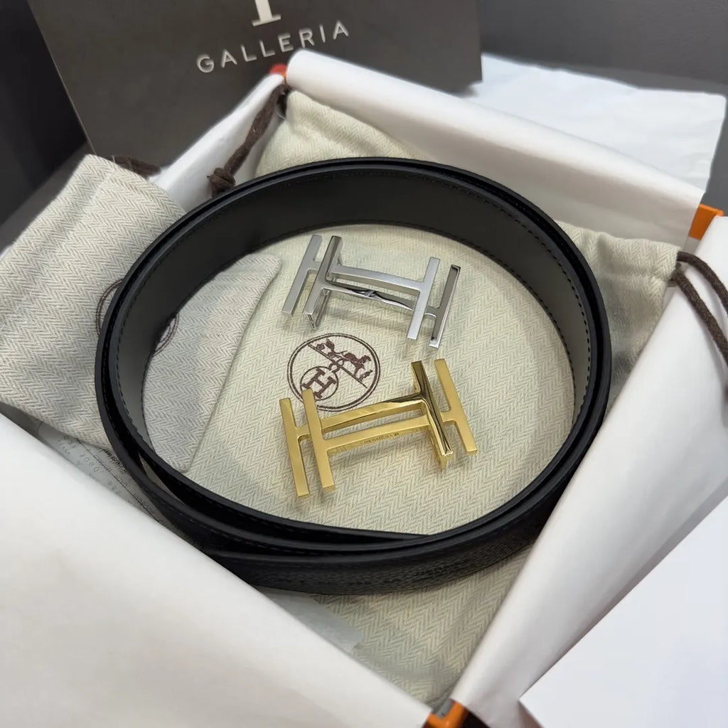 Hermes Black Grain Leather Gold 'H' Belt - Hình 6