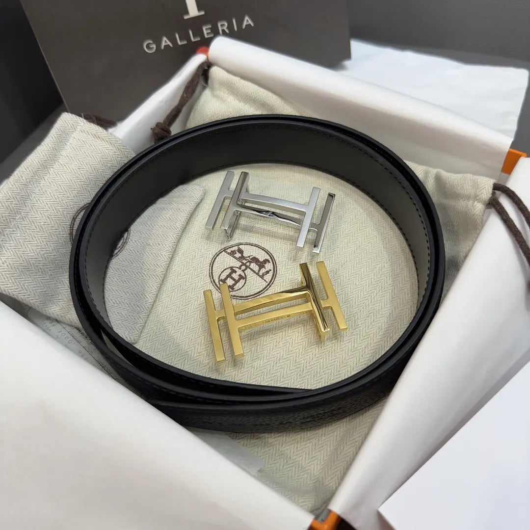 Hermes Black Grain Leather Gold 'H' Belt - Hình 6