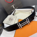 silver buckle Hermes Matte Black Leather Belt