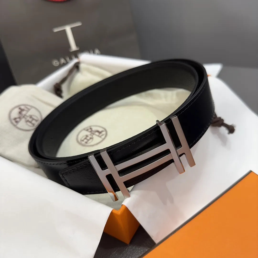 silver buckle Hermes Matte Black Leather Belt - Hình 2