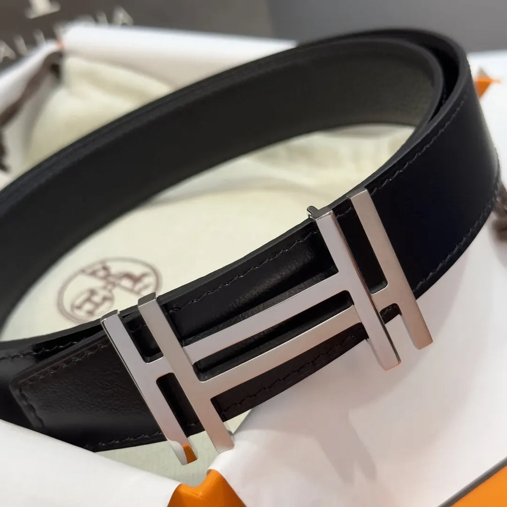 silver buckle Hermes Matte Black Leather Belt - Hình 3