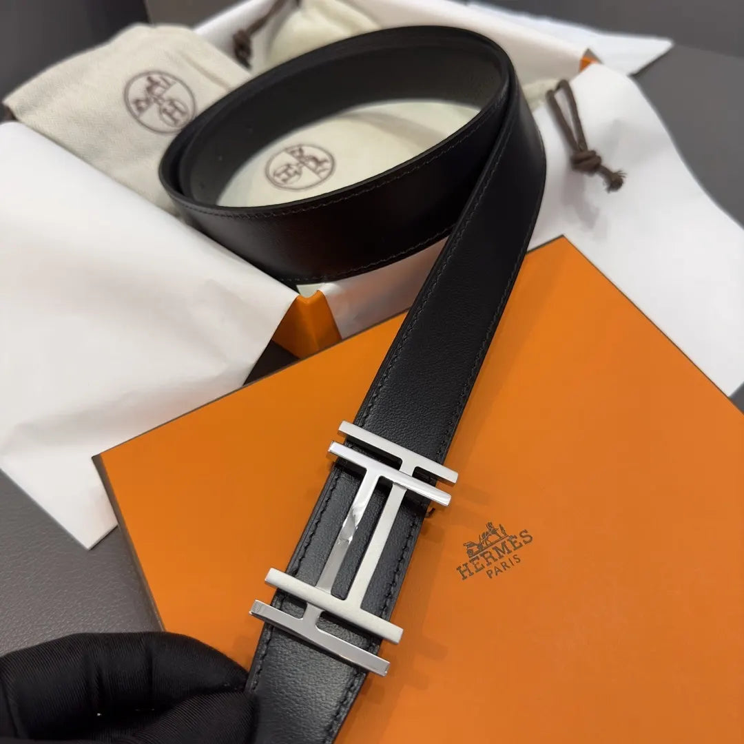 silver buckle Hermes Matte Black Leather Belt - Hình 4