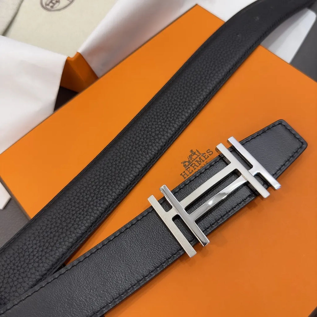 silver buckle Hermes Matte Black Leather Belt - Hình 5