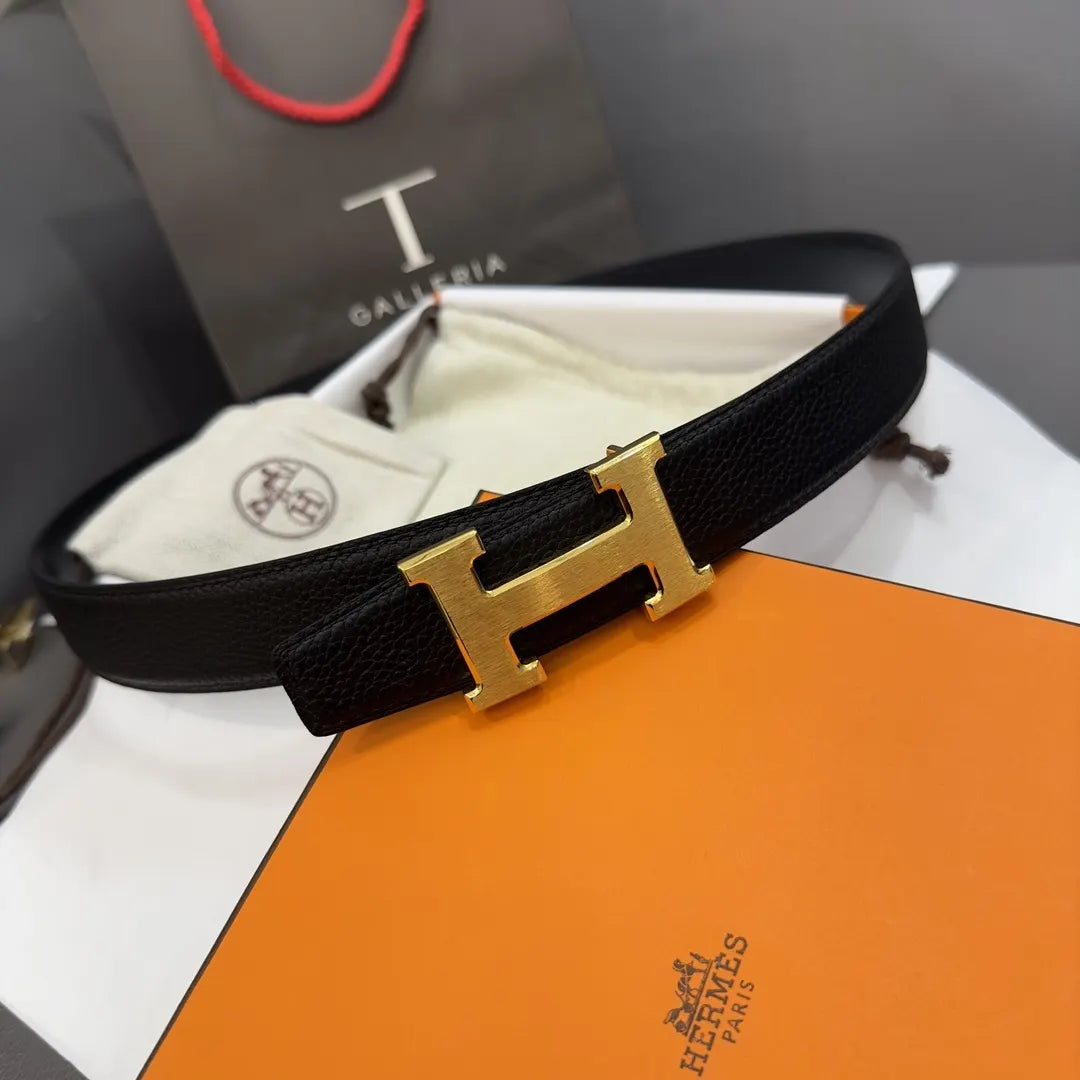 designer Hermes Gold Buckle Black Leather Belt