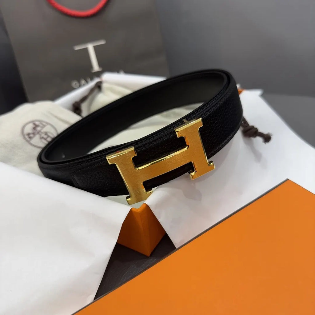 designer Hermes Gold Buckle Black Leather Belt - Hình 2