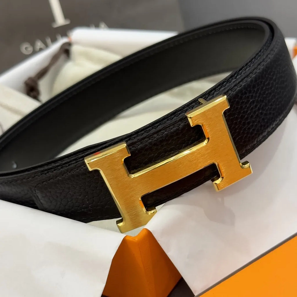designer Hermes Gold Buckle Black Leather Belt - Hình 3