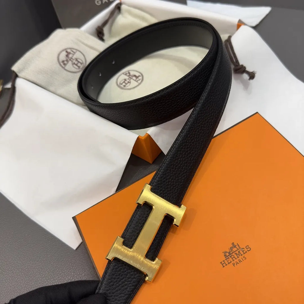 designer Hermes Gold Buckle Black Leather Belt - Hình 4