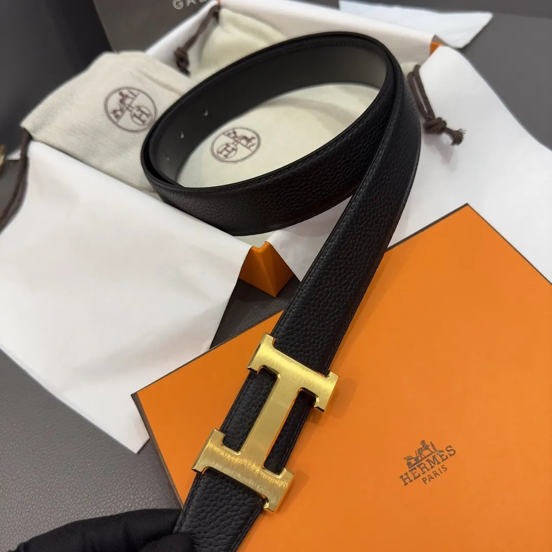 designer Hermes Gold Buckle Black Leather Belt - Hình 4