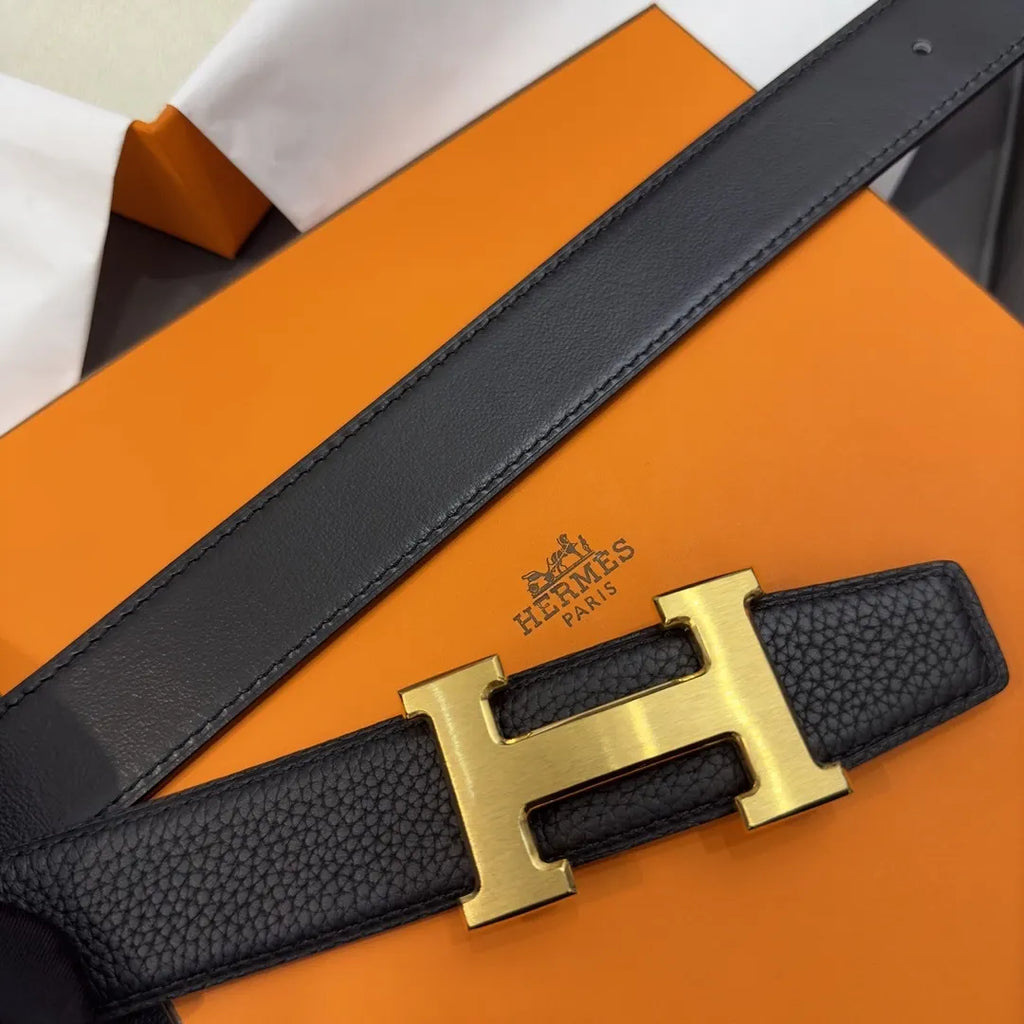 designer Hermes Gold Buckle Black Leather Belt - Hình 5