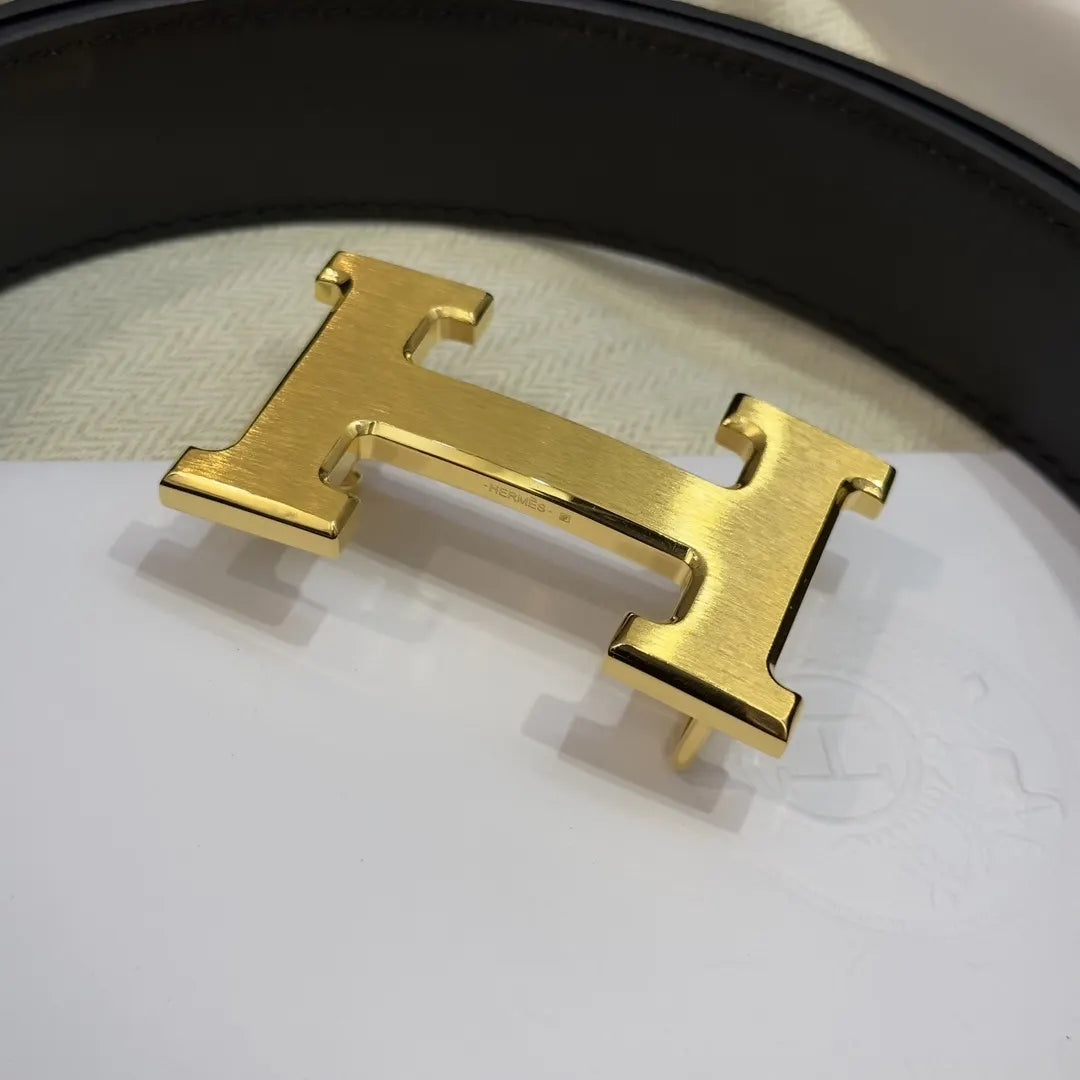 designer Hermes Gold Buckle Black Leather Belt - Hình 6
