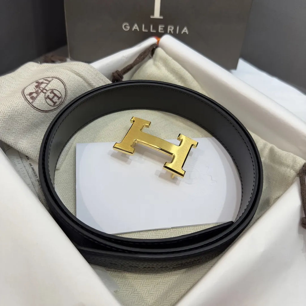 designer Hermes Gold Buckle Black Leather Belt - Hình 7