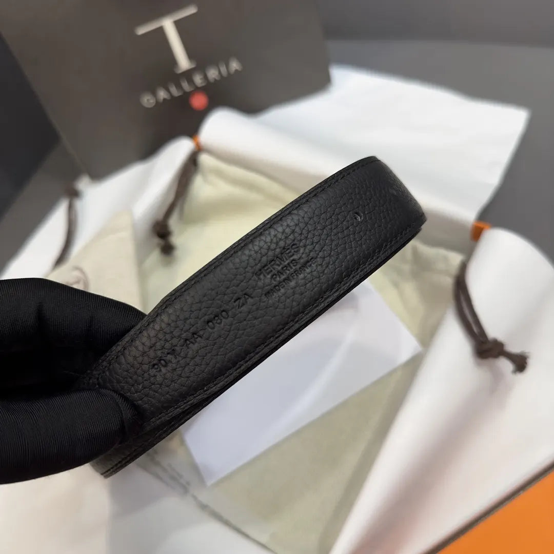 designer Hermes Gold Buckle Black Leather Belt - Hình 8