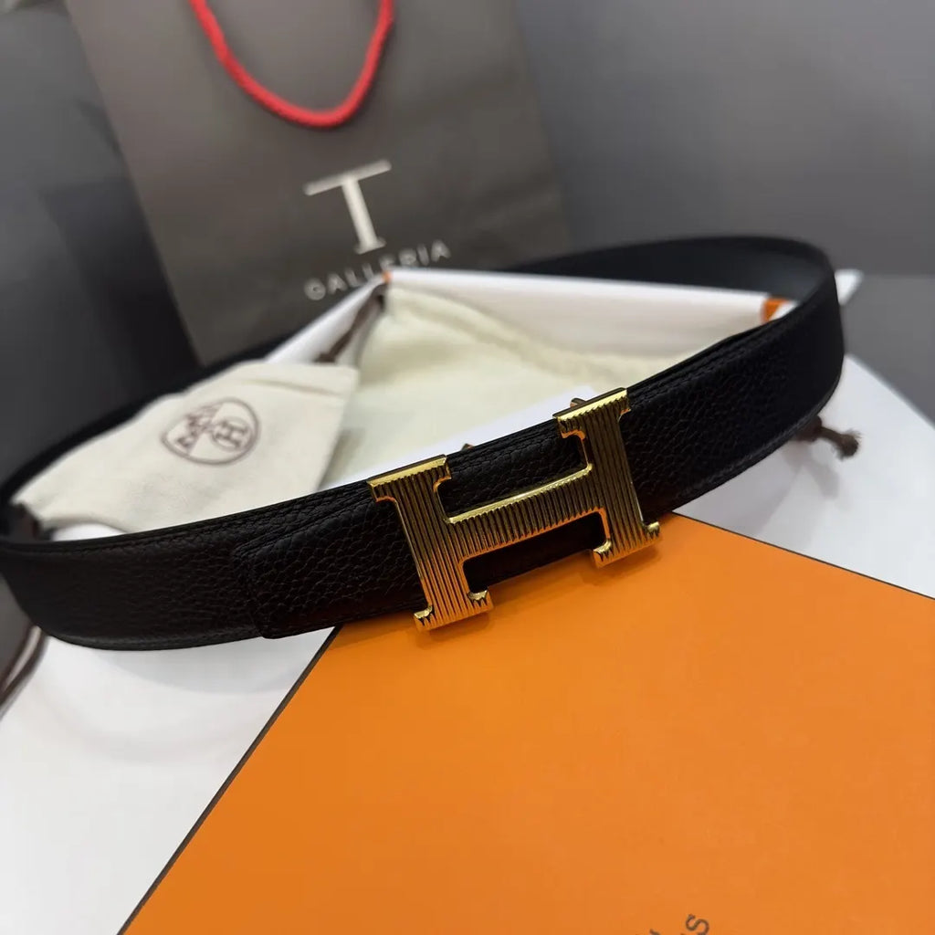 gold Hermes Black Grained Leather Belt