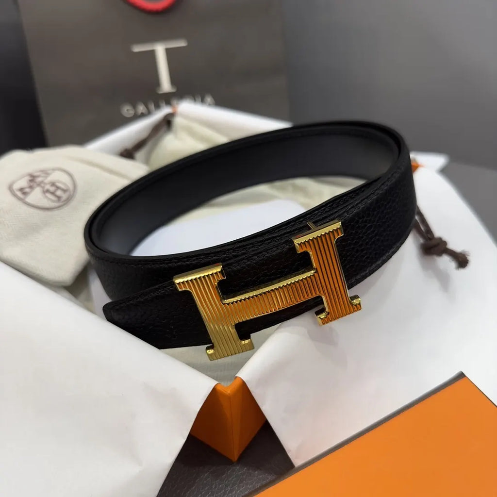 gold Hermes Black Grained Leather Belt - Hình 2