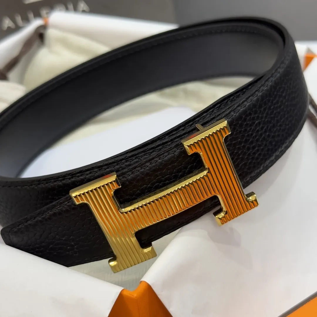 gold Hermes Black Grained Leather Belt - Hình 3