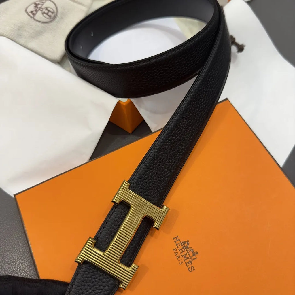 gold Hermes Black Grained Leather Belt - Hình 4