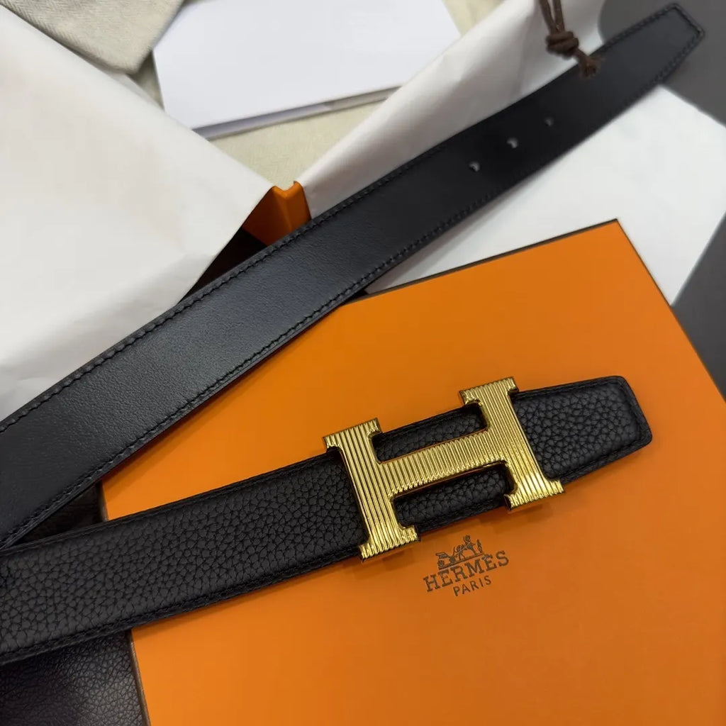 gold Hermes Black Grained Leather Belt - Hình 5