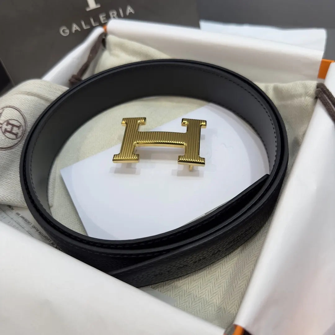 gold Hermes Black Grained Leather Belt - Hình 6