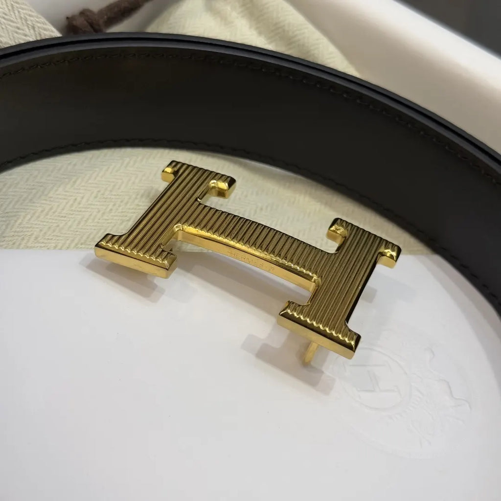 gold Hermes Black Grained Leather Belt - Hình 7