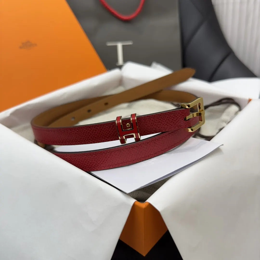 gold Hermes Red Leather Belt - Hình 2