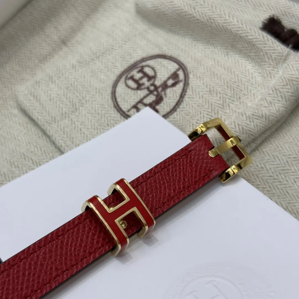 gold Hermes Red Leather Belt - Hình 4