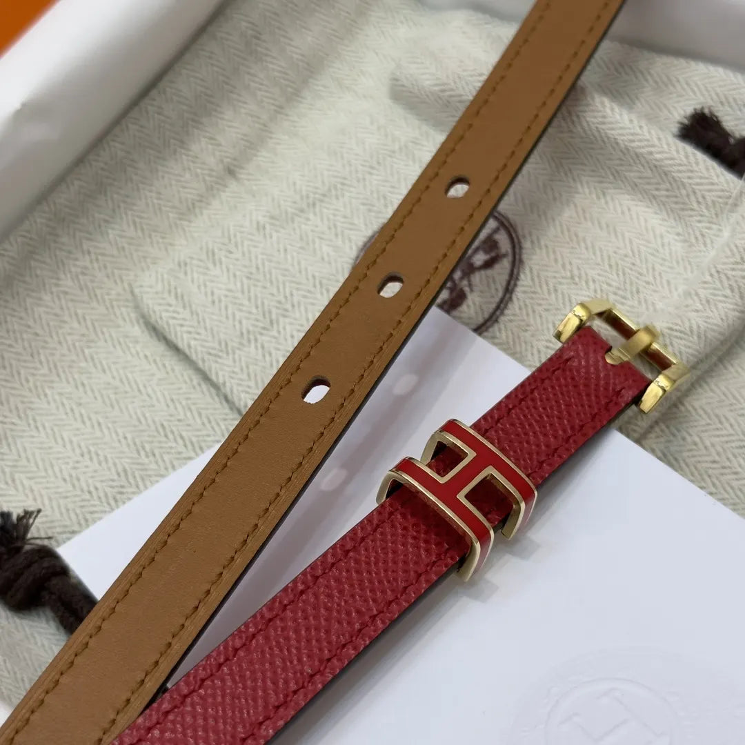 gold Hermes Red Leather Belt - Hình 6