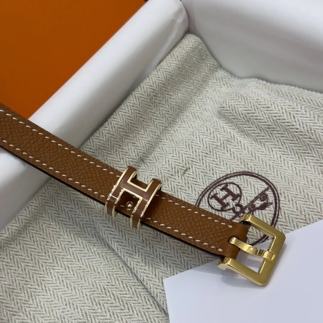 leather Hermes Gold Buckle Tan Belt - Hình 5
