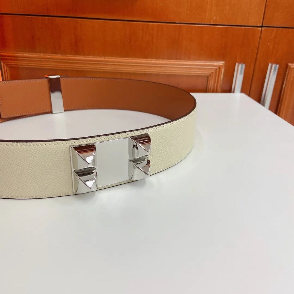 Hermes White Leather Belt Silver Medor Studs - Hình 2