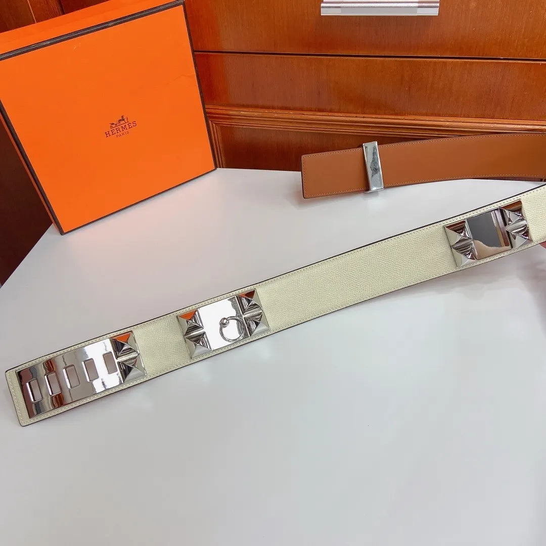 Hermes White Leather Belt Silver Medor Studs - Hình 3