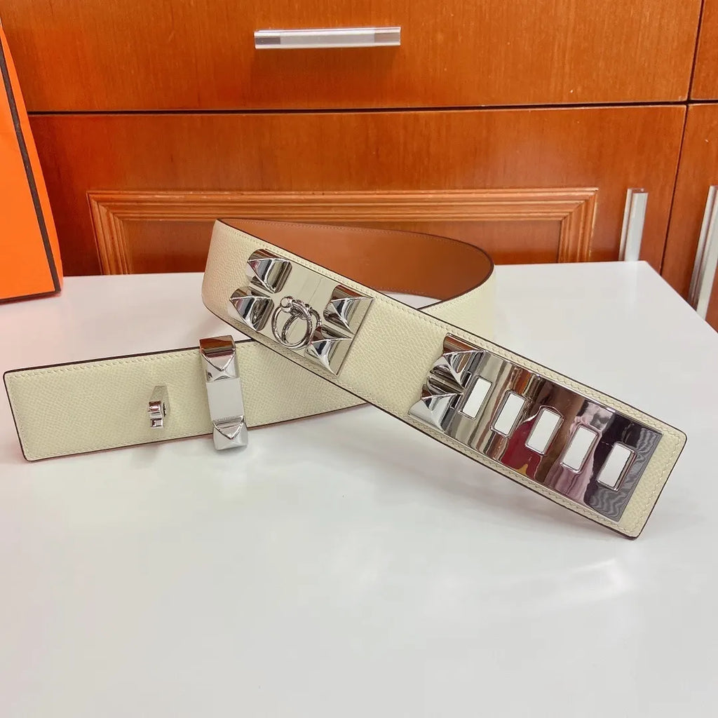 Hermes White Leather Belt Silver Medor Studs - Hình 4