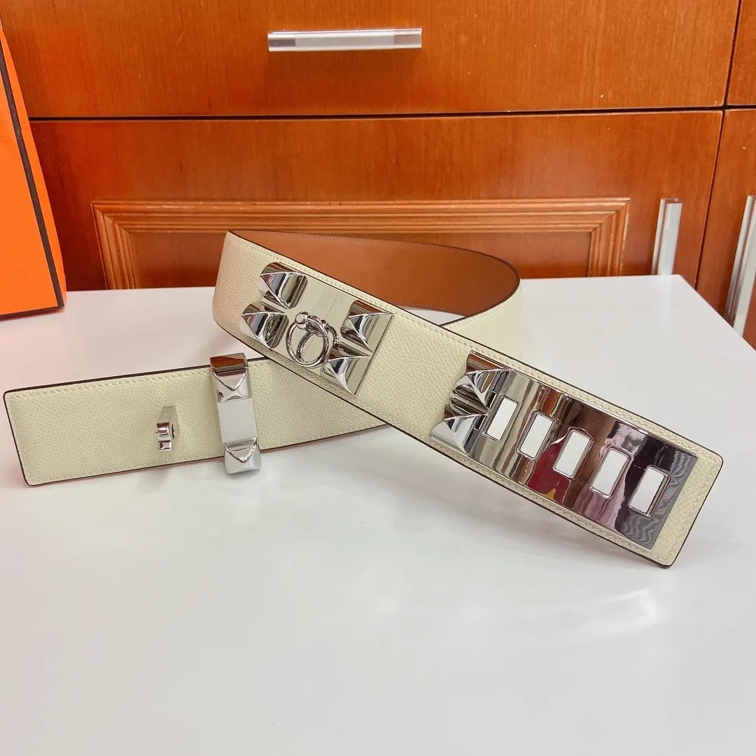 Hermes White Leather Belt Silver Medor Studs - Hình 4