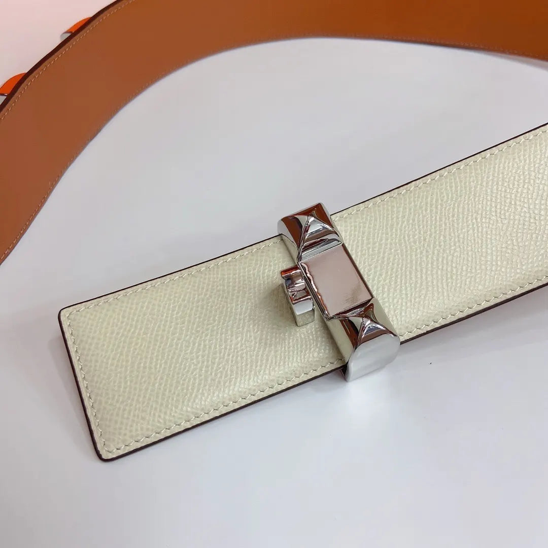 Hermes White Leather Belt Silver Medor Studs - Hình 5