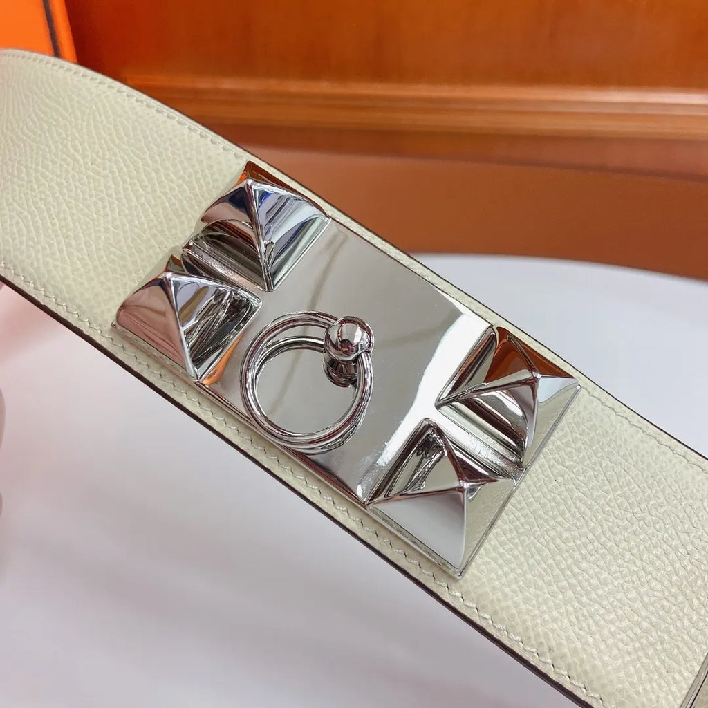 Hermes White Leather Belt Silver Medor Studs - Hình 6